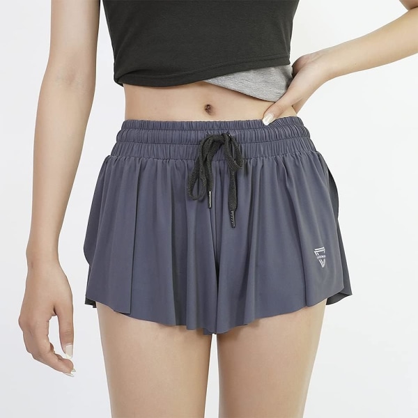 2 i 1 Flowy løpeshorts for kvinner Gym Yoga Athletic Kvinner Trening Biker Spandex Lounge Svette Skjørt Sommer (Grå)