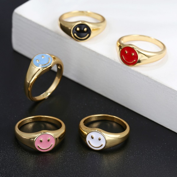 Guld Smiley Face Ring Signet, Vintage Golden Gifts Smycken, Estetisk Söta Smile Statement Ringar för kvinnor tjejer, rosa, storlek: 8