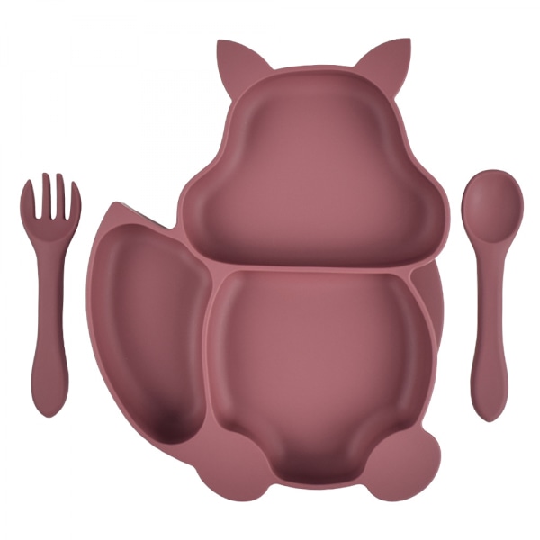 Baby Plate Bowl, Baby Cutlery Set Mini Silicone Dinner Tableware (Dinner plate + wooden handle spoon) Wine Red