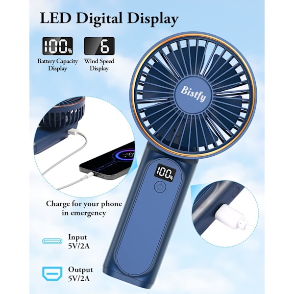 Kädessä pidettävä tuuletin, kannettava käsituuletin USB 5200mAh ladattava kokoontaitettava pöytätuuletin, erittäin hiljainen 6-nopeuksinen LED USB C -kaulatuuletin, käsituuletin D Blue