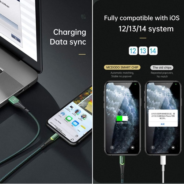 USB til Lightning iPhone-datakabel og ladekabel, støtter hurtiglading og datasynkronisering (grønn, 1,8 m), nylonflettet, USB-A, kompatibel med iPhone 13/13