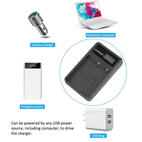 BLH-1 Bærbar Kamerabatterilader USB-lading med LCD-skjerm Svart