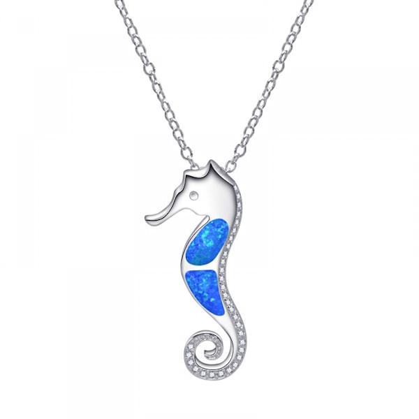 S925 Sterling Silver Lucky Blue Seahorse Love Heart Halsband för Kvinnor Dotter Flickvän