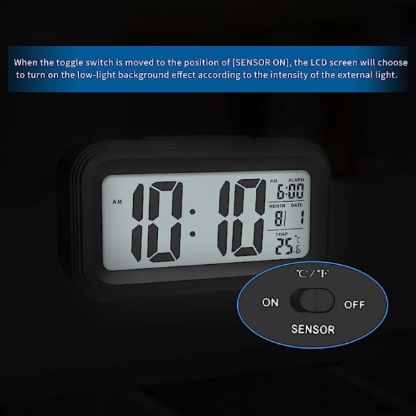 Inomhustemperatur Digital väckarklocka, batteridriven, 12/24h display, lämplig för sovrum, badrum, skrivbord, smart klocka - Svart