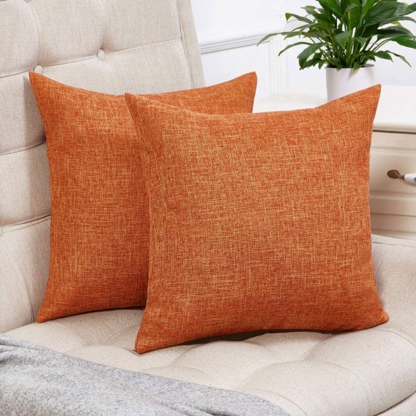 Set med 2 høstlige oransje putetrekk i rustikt lin, dekorative firkantede pynteputer 18x18 tommer for sofa- og sofadekorasjon