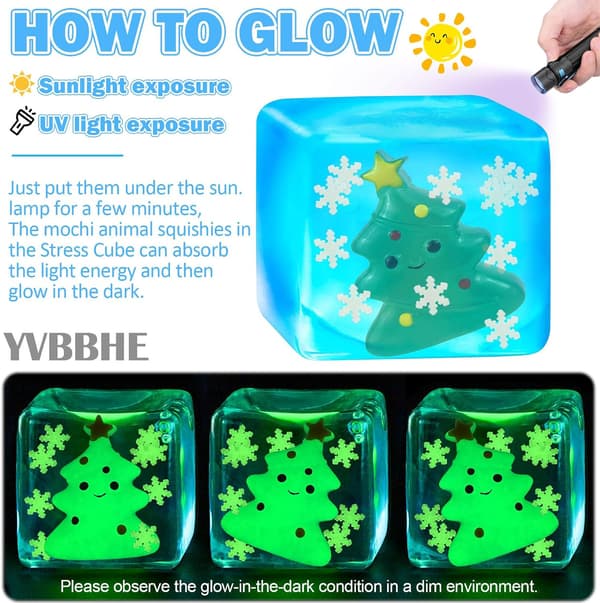 Blå klemme-terning med lysende julemotiv indeni, blød selvlysende maltose sensorisk fidget-legetøj, stresslindrende gummi-bold D Style