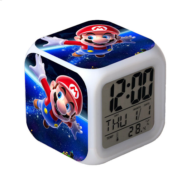 R-timer Super Mario Bros 7-färgad digital väckarklocka med tid, temperatur, alarm, datum