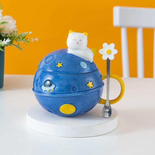 Prinsessmugg med lock 3D-mugg Keramisk kaffekopp Kid Cartoon Mjölkmugg Tekopp Presentkontor Hem (kattutrymme, blå, 450 ml)