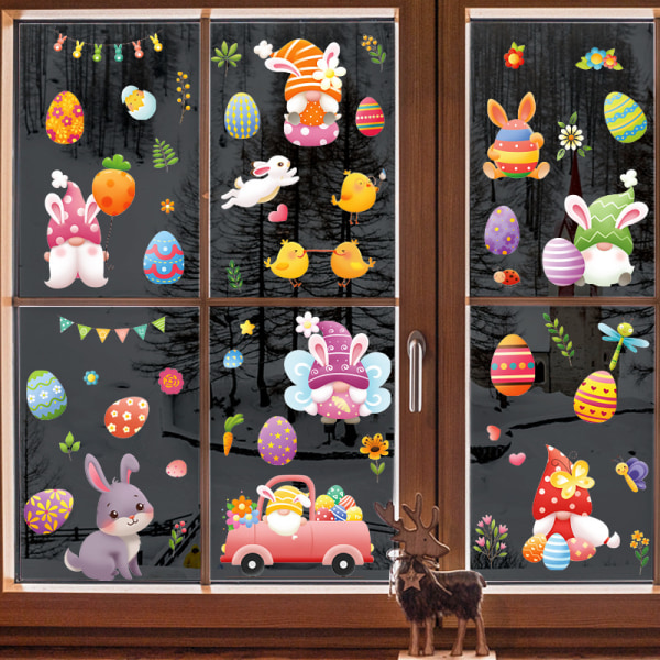 9 Sheets Gnome Dwarf Window Stickers, Easter Bunny Egg Static Window Stickers, Window Glass Door Stickers