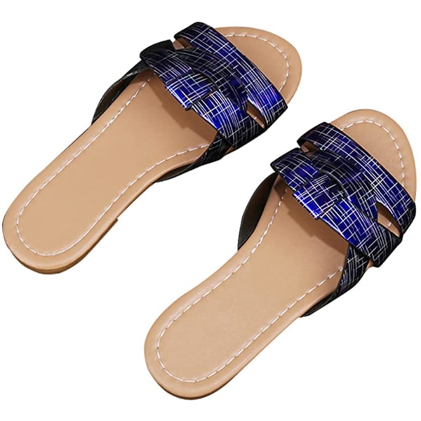 Kvinners sommer flate slides sandaler casual stropp kryss slip på sliders strand flate sandaler for kvinner ---- Blå（Størrelse 35）
