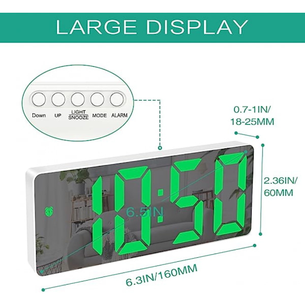 Digitalt vækkeur, stort LED-spejdisplayur, spejl LED-vækkeur, egnet til soveværelser, hjem, kontorer, grønt nummer (hvid)
