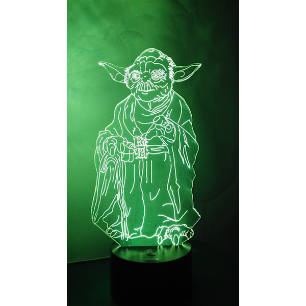 Master Yoda 3D nattlys LED illusjonslampe nattbord skrivebordslampe, 7 fargeendrende lys med akryl flat & ABS base & USB kabel