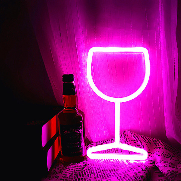 Neon skilte LED vinglas neon lys neon skilte til vægdekoration batteri eller USB-drevet soveværelse neon lys（Pink）