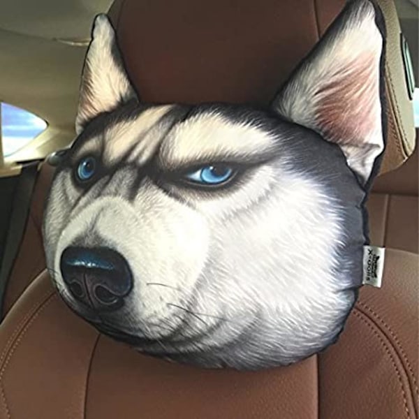 Creative Funny Doge Life Like 3D Printed Car Headrest Animals Dog Cat Head Cartoon Pillow Protect Seat Neck (Big Huskies)