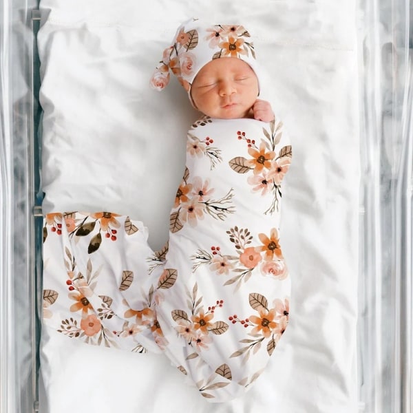 Nyfödd swaddle Set med matchande hatt och pannband rosett, Muslin baby swaddle filtar för pojkar och flickor