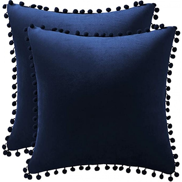 Pudebetræk 18x18 tommer /45x45 cm  2 pakke Hyggelige bløde Pom-poms Fløjl Kvadratiske dekorative pudebetræk til bondehusindretning（Mørkeblå）
