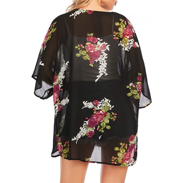 Blommigt print ärm för damer Kimono Cardigan Loose Cover Up Casual blus Toppar --- Svart blomma （Storlek XXL）