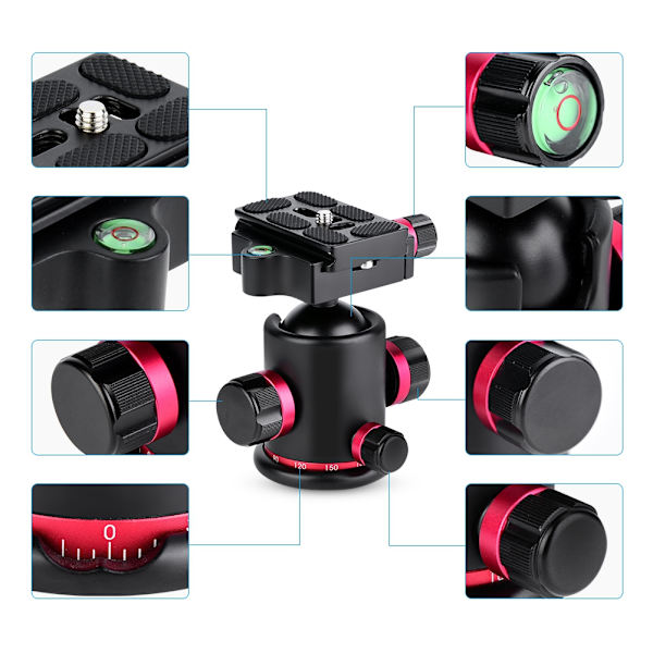 Mefury DSLR-kamerastativ kulled 360 graders roterande för Monopod Slider Röd