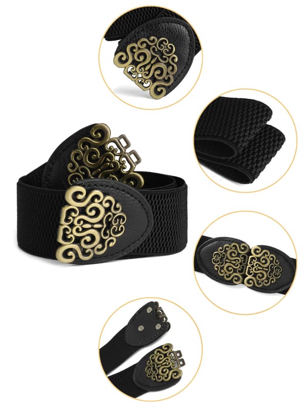 Dame Blomster Design Mode Bælte Elastisk Spænde Bælte Casual Dame Elastisk Elastisk Bælte Dame Alsidigt Bælte - Sort