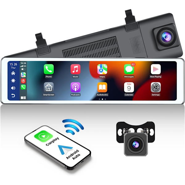 Mirror Dash Cam with Wireless CarPlay Android Auto, 1080P Front and Rear Dual Dash Cameras for Cars,Trucks, 11.26 '' IPS Touch Scree