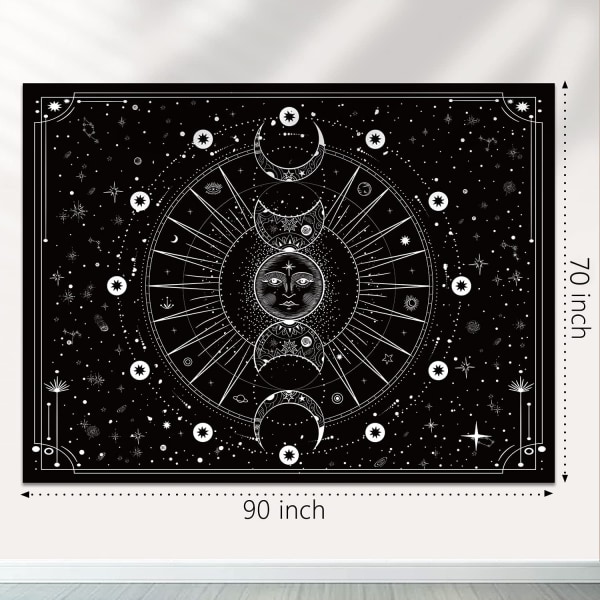 Sol och måne gobeläng väggbonad stjärnor rymden psykedelisk svartvit väggbonad (Mystisk svart, 70x90 tum, 180x230 cm)