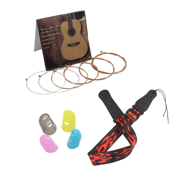 Gitartilbehørsett Bærestropp 4 stk Silikon Tommelbeskyttere 6 stk Rustfrie Gitarstrenger