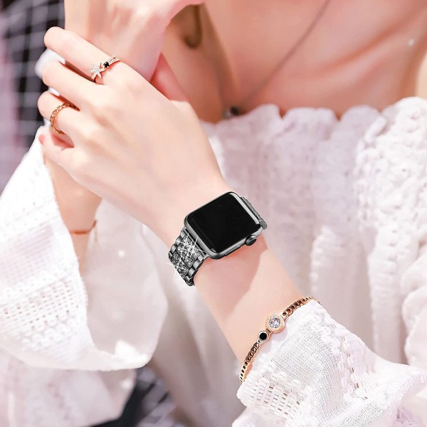 Rem och Apple Watch -rem iWatch Series 7/6/5/4/3/2/1 Metallkompatibel tre pärlor Diamantrem --- Svart（38/40/41 mm）