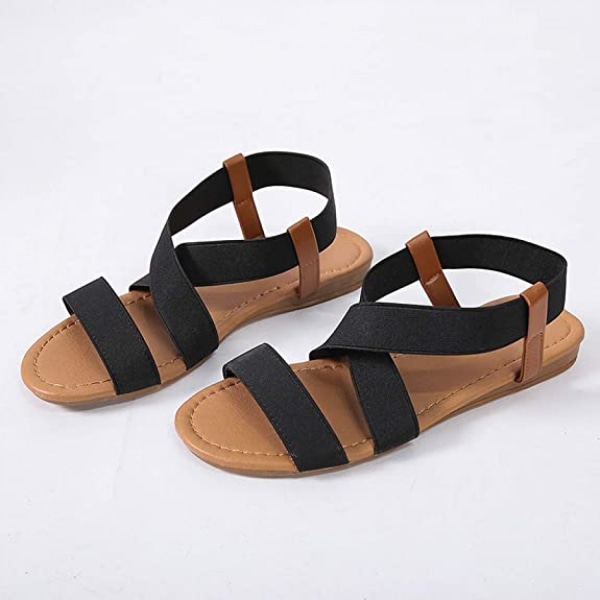 Elastiske søde flade sandaler til kvinder afslappede sommer strand sko sandal ferie rejse gladiator sandaler ------ Sort（Størrelse 37）