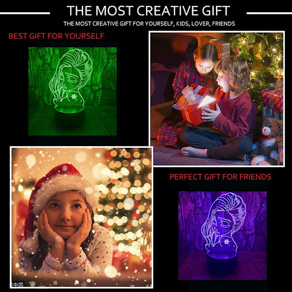 Prinsesse Elsa 3D LED Optisk Illusjon Soverom Dekorasjon Bordlampe med Fjernkontroll 7 Farger Skift Dimbar Akryl Nattelys Bursdag