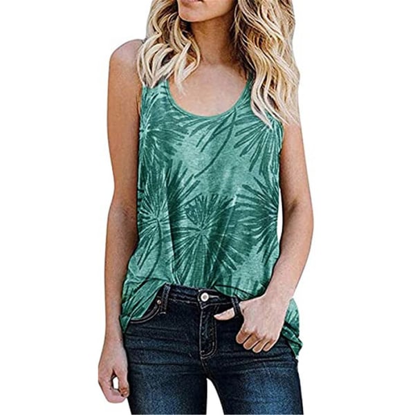 Damer sommar U-hals Boho blommigt print linne Casual ärmlösa skjortor Camis, Green（S）