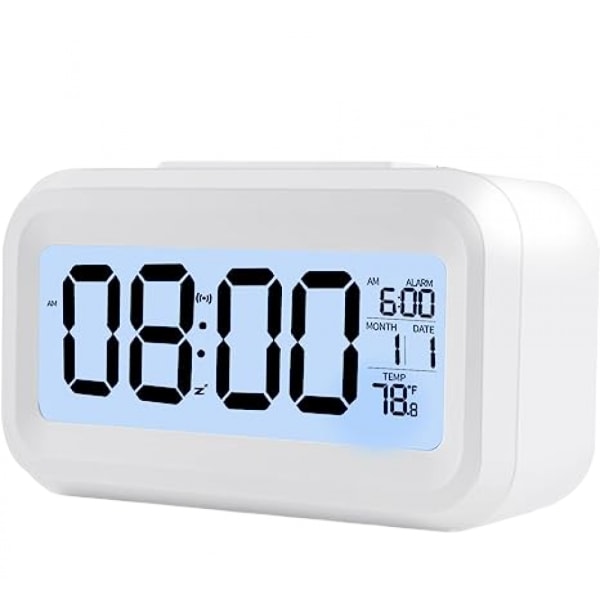 Digital väckarklocka för barn, barnväckarklocka med inställningar för inomhustemperatur och ljussensor, väckarklocka i sovrummet (vit)