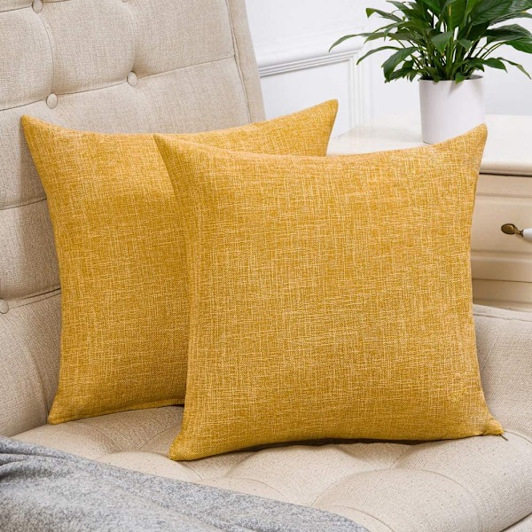 Sett med 2 sennepsgule putetrekk, rustikk lin, dekorative firkantede putetrekk, 18x18 tommer, for sofa- og sofadekorasjon