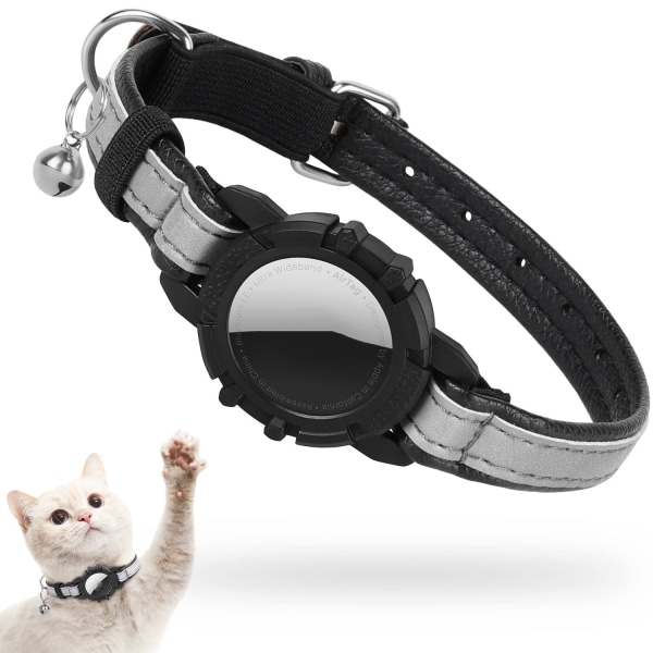 Reflekterande AirTag katthalsband, GPS-katthalsband i läder med AirTag hållare och klocka [Svart], Tracker-katthalsband för pojkekatter