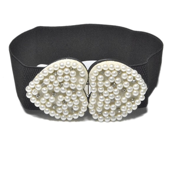 Hjerteformet design imiteret perle rhinestone dekor bælter til kvinder elastisk, bomuld, sort