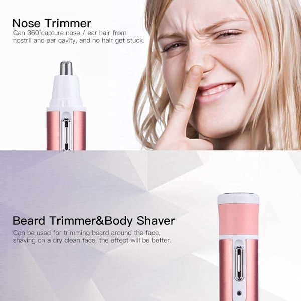 Hår Fjerner til Kvinder, 4 i 1 Elektrisk Dame Shaver Trimmer, Øjenbryn Næse Trimmer, Krop Vandtæt Bikini Ansigtshår Fjernelse til Kvinder, USB Genopladelig