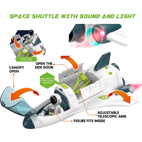 Rymdfärjeleksaker för 3 4 5 6 7-åriga pojkar, [Ljus och ljud] Rymdleksaker för barn 3-5 år med 2 astronauter, Toy Shuttle och Rover, Rymdskeppsleksaker Pl