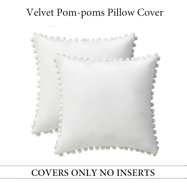 Pakke med 2 dekorative pynteputer, myke partikler fløyel ensfargede putetrekk med pom-poms for sofa soverom bil (18 x 18 tommer, ren hvit)