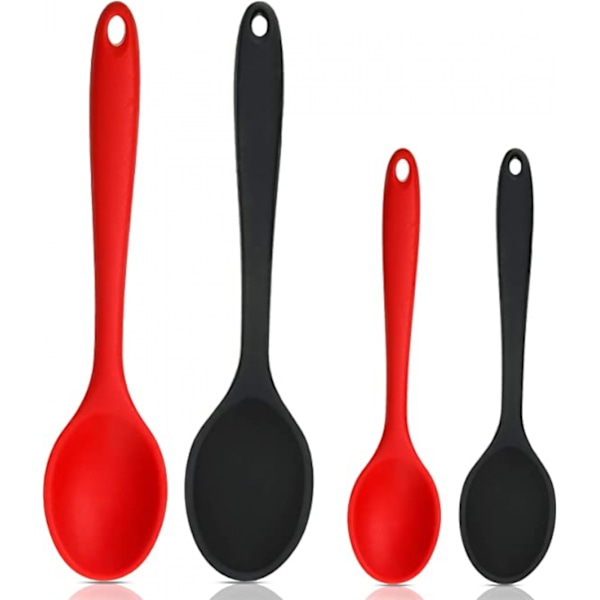 4-Piece Silicone Stirring Spoon Set, Non Stick Kitchen Spoon, Cooking And Baking Spoon For Kitchen Cooking And Stirring (Red, Black)