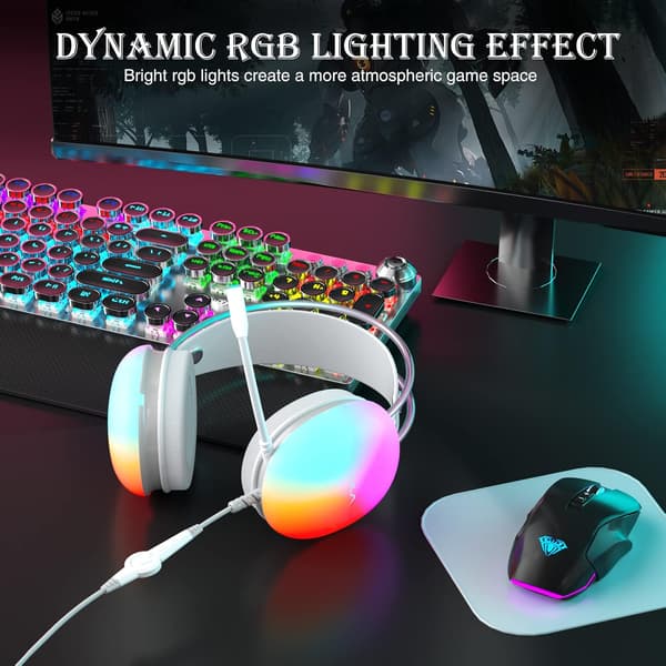 USB Gaming Headset med mikrofon til pc, RGB Rainbow Backlit Hovedtelefon, Virtual 7.1 Surround Sound, 50mm Driver, Bløde Memory Øremuffer, Wi
