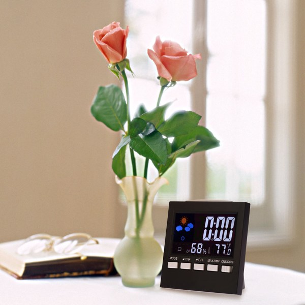 Multifunktionell digital färgglad LCD-termometer hygrometer klocka larm snooze-funktion kalender