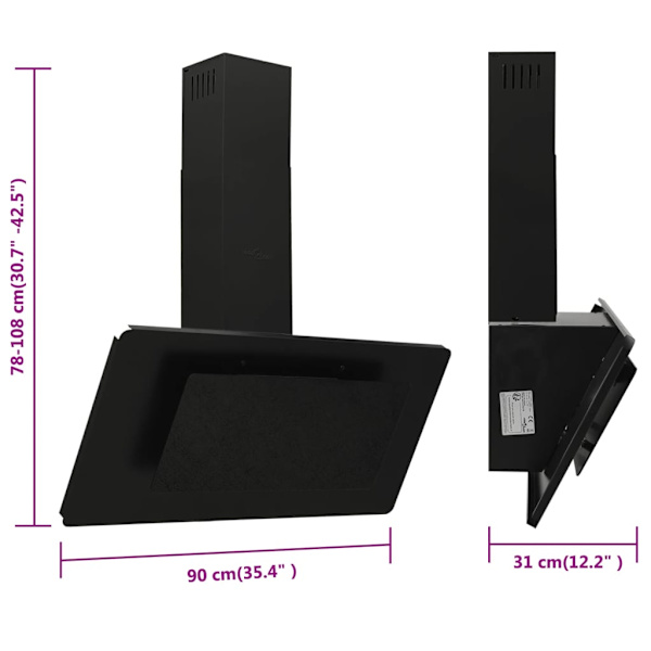 Keittiökattotuuletin 90 cm, ruostumaton teräs ja karkaistu lasi, musta