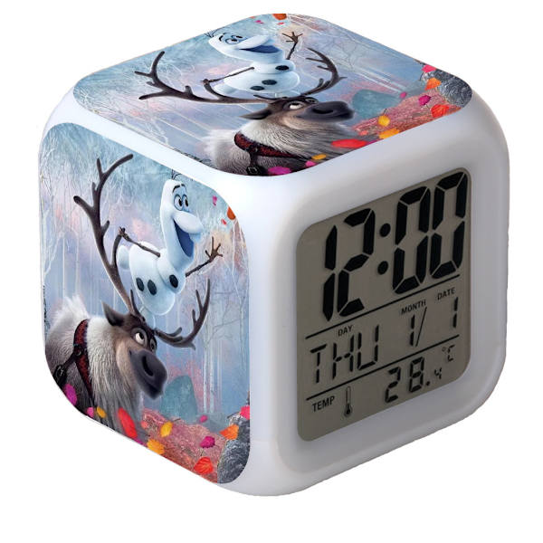 Fryst Färgglad Glödande LED-väckarklocka Anime Cartoon Barn Kvadratisk Klocka Digital Väckarklocka med Tid, Temperatur, Alarm, Datum