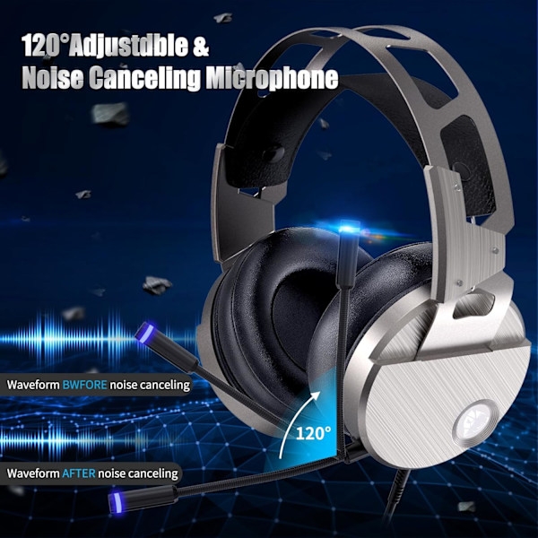 Gaming Headset - 3D Surround Sound Hodetelefoner, Justerbar Støydempende Mikrofon, LED-lys, Xbox One Headset med Aluminiumramme for Ni