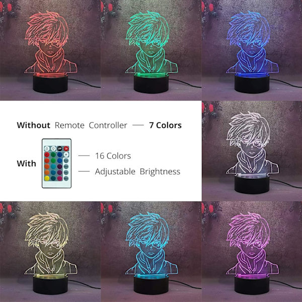 WJ 3D nattlampa Amine Figur Shoto Todoroki 16 Färg 4 Flash Läge Fjärrkontroll & Touch LED Illusion Sovrum Dekor Akryl Sängbord Skrivbordslampa My Hero Academia-C