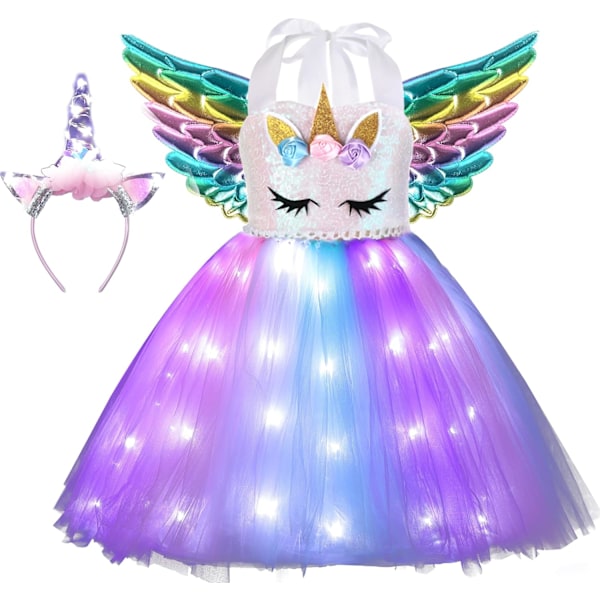 Jente Unicorn Kostyme LED Lysende Unicorn Kjole Bursdagsfest Prinsessekjole for Halloweenfest White Led-2