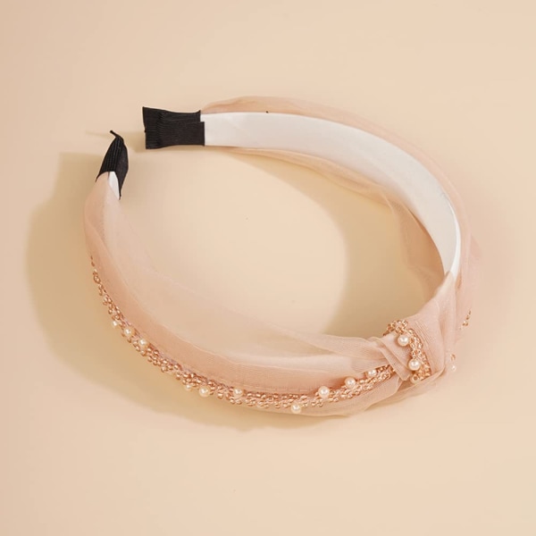 Perlebesatte knutede pannebånd for kvinner, fasjonable søte perle knute pannebånd, hodebånd, bohemske hårtilbehør (beige)