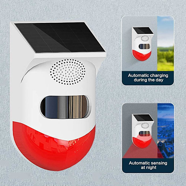 Solcellsstroboskoplarm med rörelsesensor Siren Utomhuslarm Siren med fjärrkontroll 120db Ljudsäkerhetssiren Ljus IP67 Vattentät och 4 M