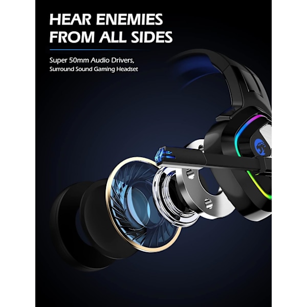 Gaming Headset PS4 Headset, Xbox One Headset med støydempende mikrofon og RGB-lys, PC-headset med stereosurroundlyd, over-ear