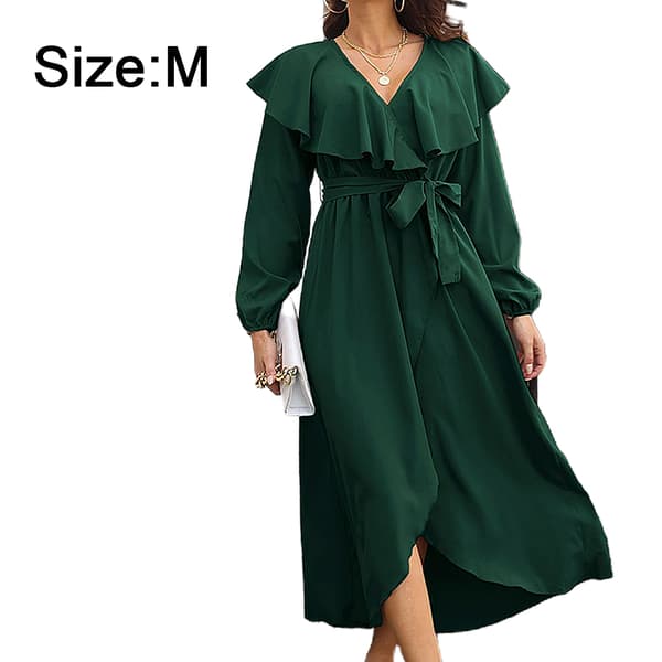 V-ringad långärmad klänning insvept med delad fåll lång klänning Dark green,M