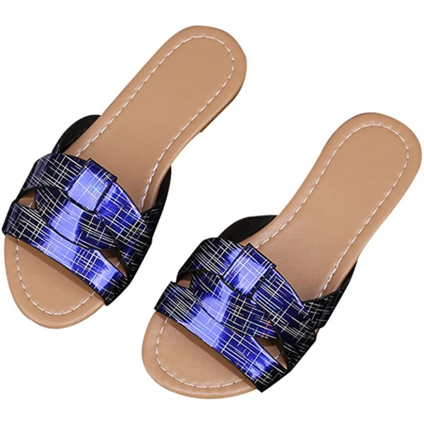 Kvinners sommer flate slides sandaler casual stropp kryss slip på sliders strand flate sandaler for kvinner ---- Blå（Størrelse 35）